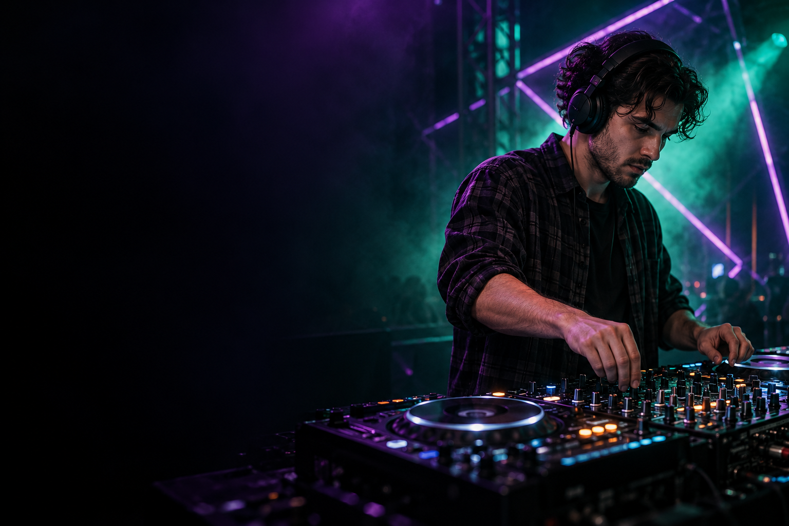 DJ exploring a new musical direction at a green-lit mixing desk